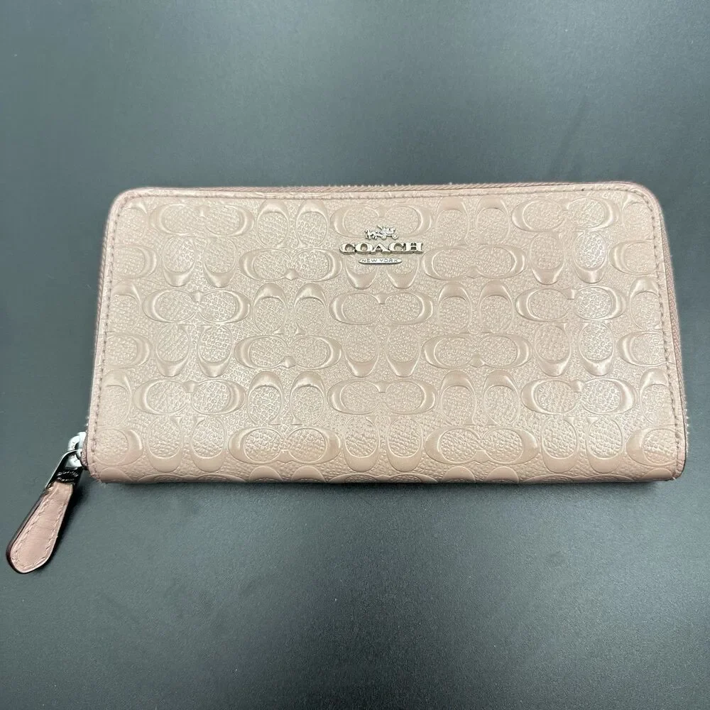 Coach Signature Debossed Patent Leather Zip Around Wallet Blush Pink Accordion